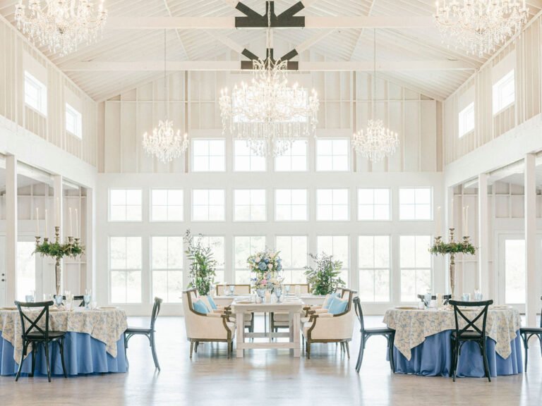 Blue table setting inspiration at Texas French Farmhouse wedding venue