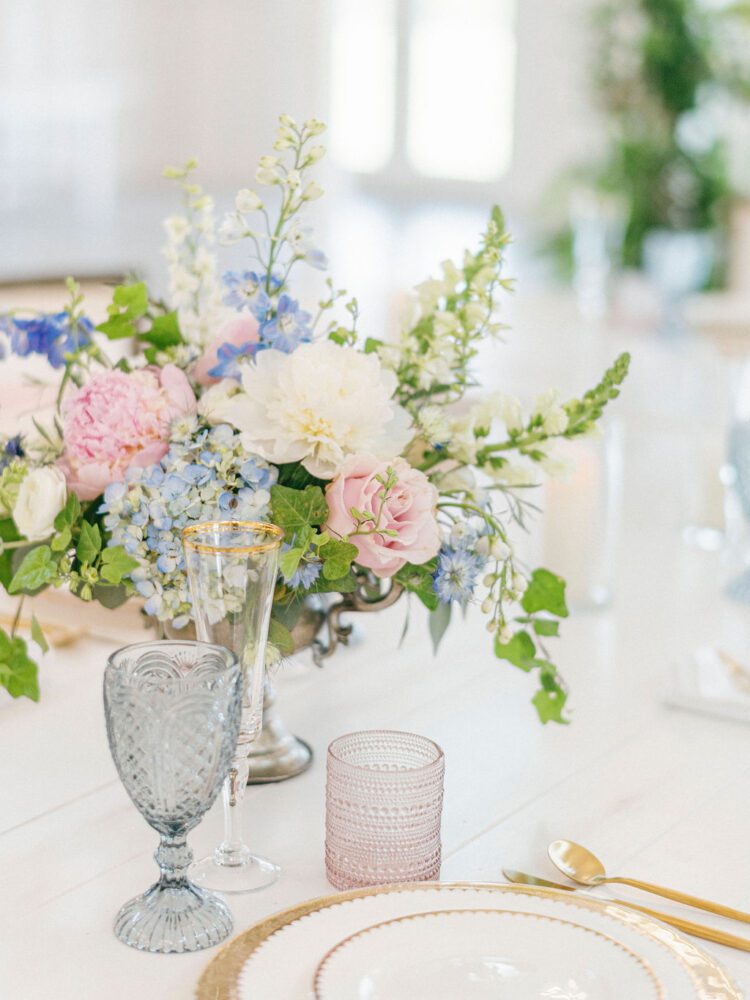 A vintage baby blue and pink table setting.